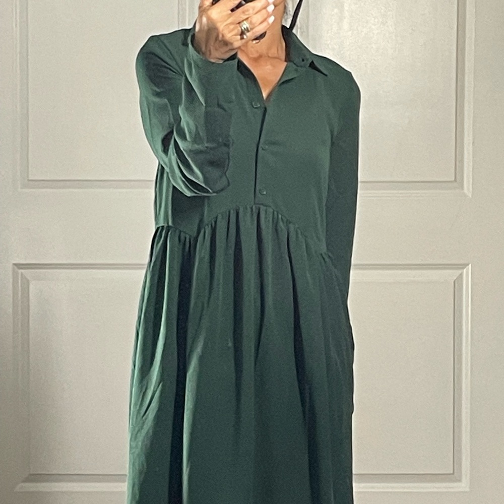 Asos Design Green Half Button Down Babydoll Dress size 4 tall - Picture 3 of 14